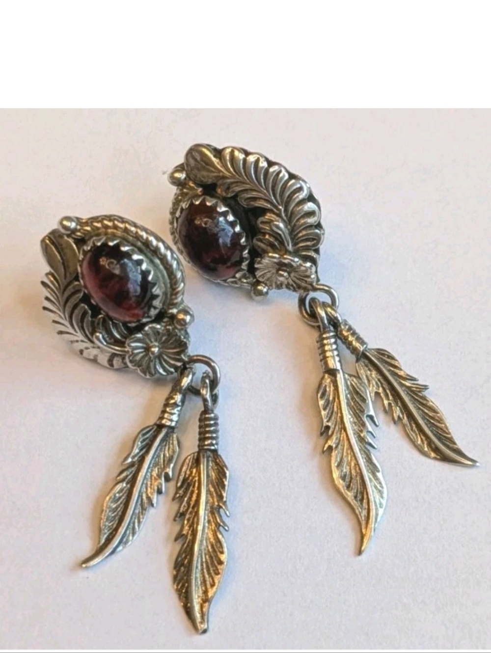 Richard Begaye RB Sterling Silver Amber Feather Dangle Earrings Navajo